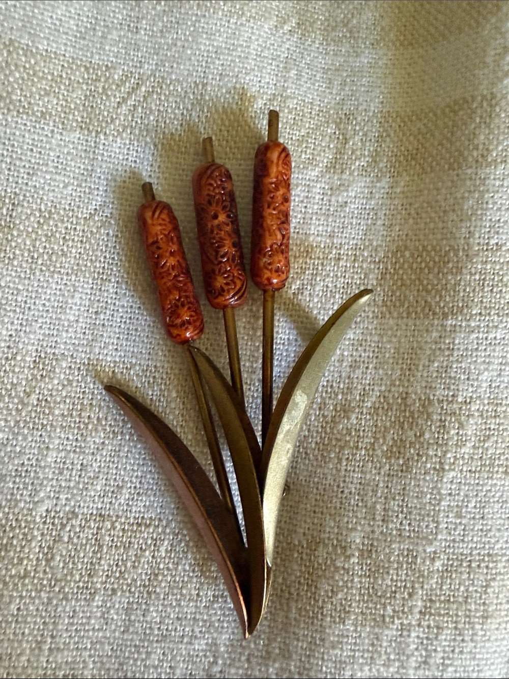 Coldwater Creek Brown Floral Cattail Brooch with Gold-Tone Leaves